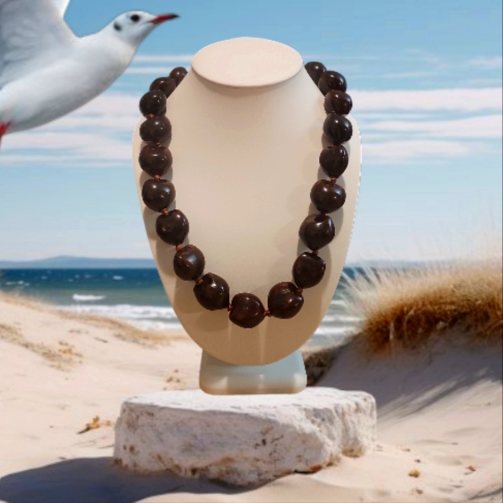Handmade Dark Brown Kukui Nut Lei Natural Beads Hawaiian Necklace.